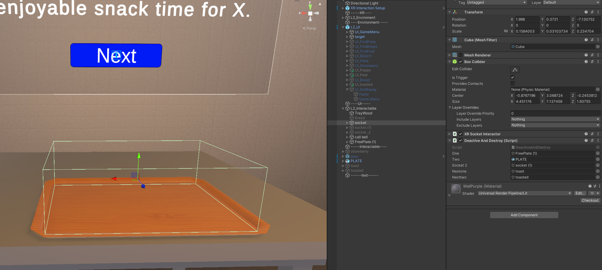 Unity gameplay context and full Inspector showing collider validation and Grab being disabled after scoring